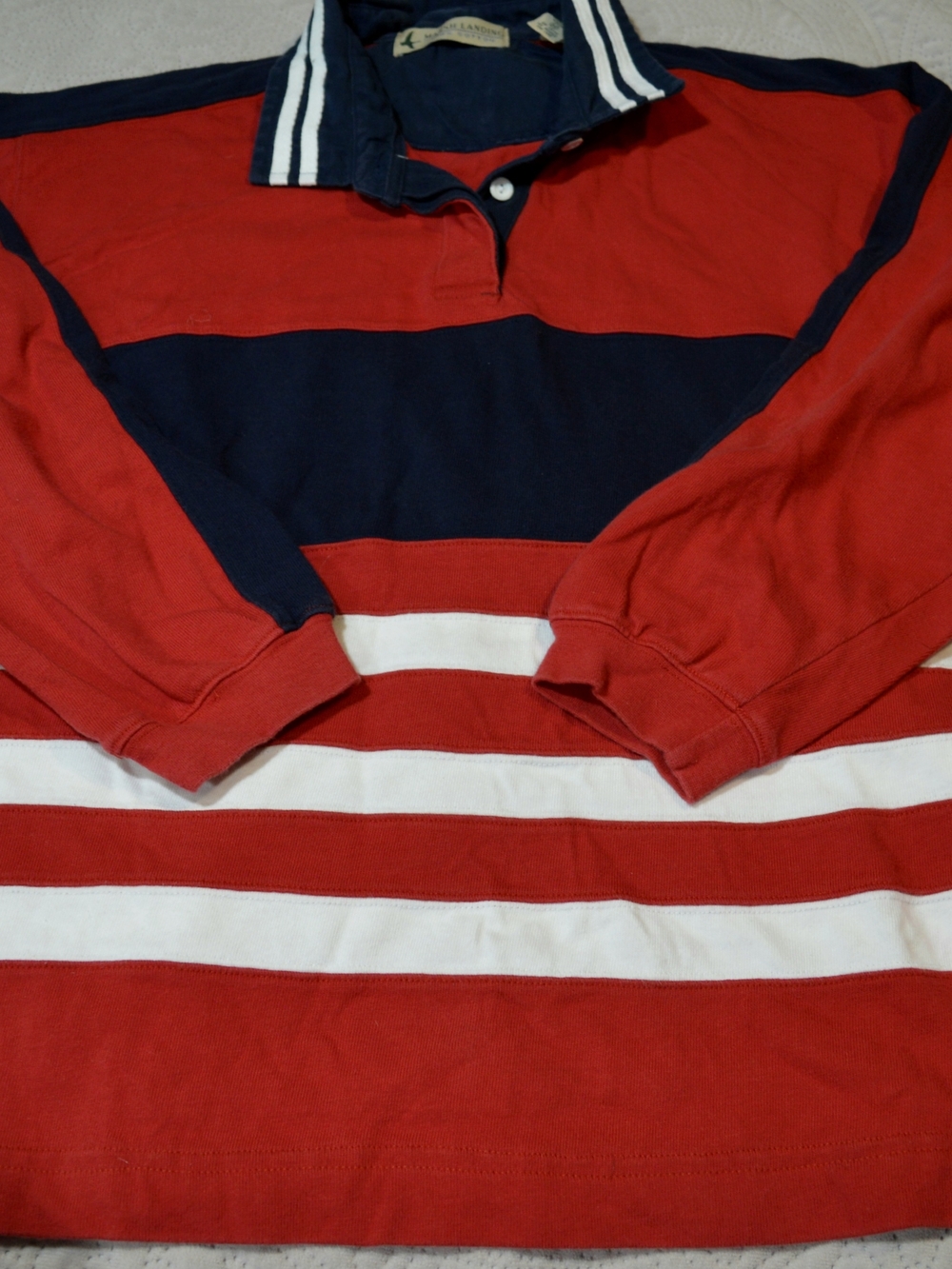 Men's Marsh Landing Red, Navy & White Striped Rugby Shirt, Size L